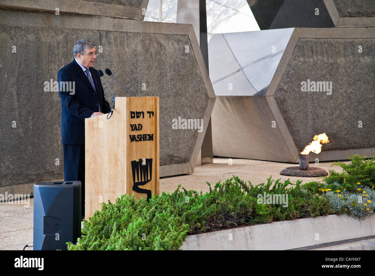Avner Shalev, Chairman of the Yad Vashem Directorate, speaks at a ceremony commemorating Allied victory over Nazi Germany at Yad Vashem Holocaust Museum. Jerusalem, Israel. 9-May-2012. Stock Photo