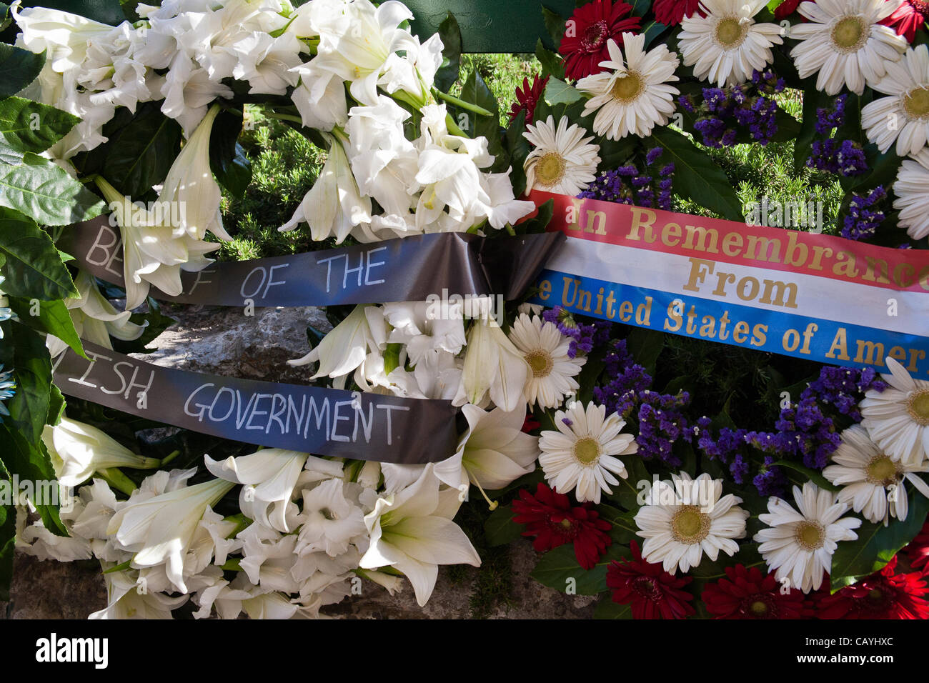 Wreaths of flowers representing countries taking part in ceremony commemorating Allied victory over Nazi Germany at Yad Vashem Holocaust Museum. Jerusalem, Israel. 9-May-2012. Stock Photo