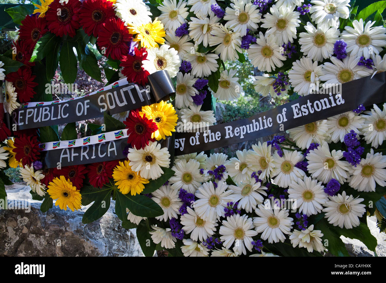 Wreaths of flowers representing countries taking part in ceremony commemorating Allied victory over Nazi Germany at Yad Vashem Holocaust Museum. Jerusalem, Israel. 9-May-2012. Stock Photo