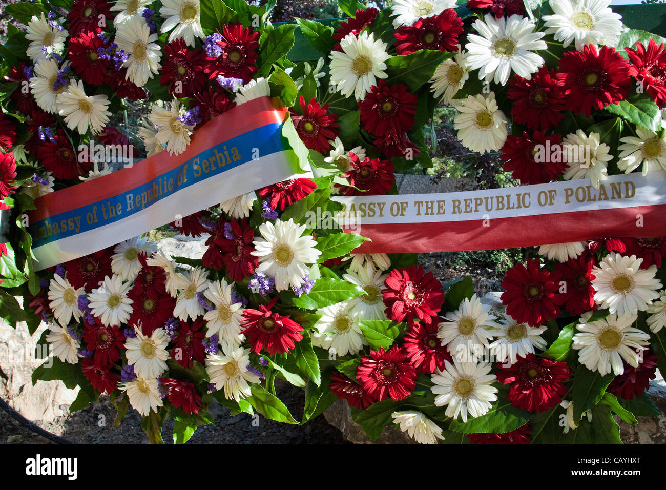 Wreaths of flowers representing countries taking part in ceremony commemorating Allied victory over Nazi Germany at Yad Vashem Holocaust Museum. Jerusalem, Israel. 9-May-2012. Stock Photo