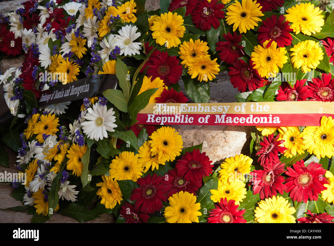 Wreaths of flowers representing countries taking part in ceremony commemorating Allied victory over Nazi Germany at Yad Vashem Holocaust Museum. Jerusalem, Israel. 9-May-2012. Stock Photo