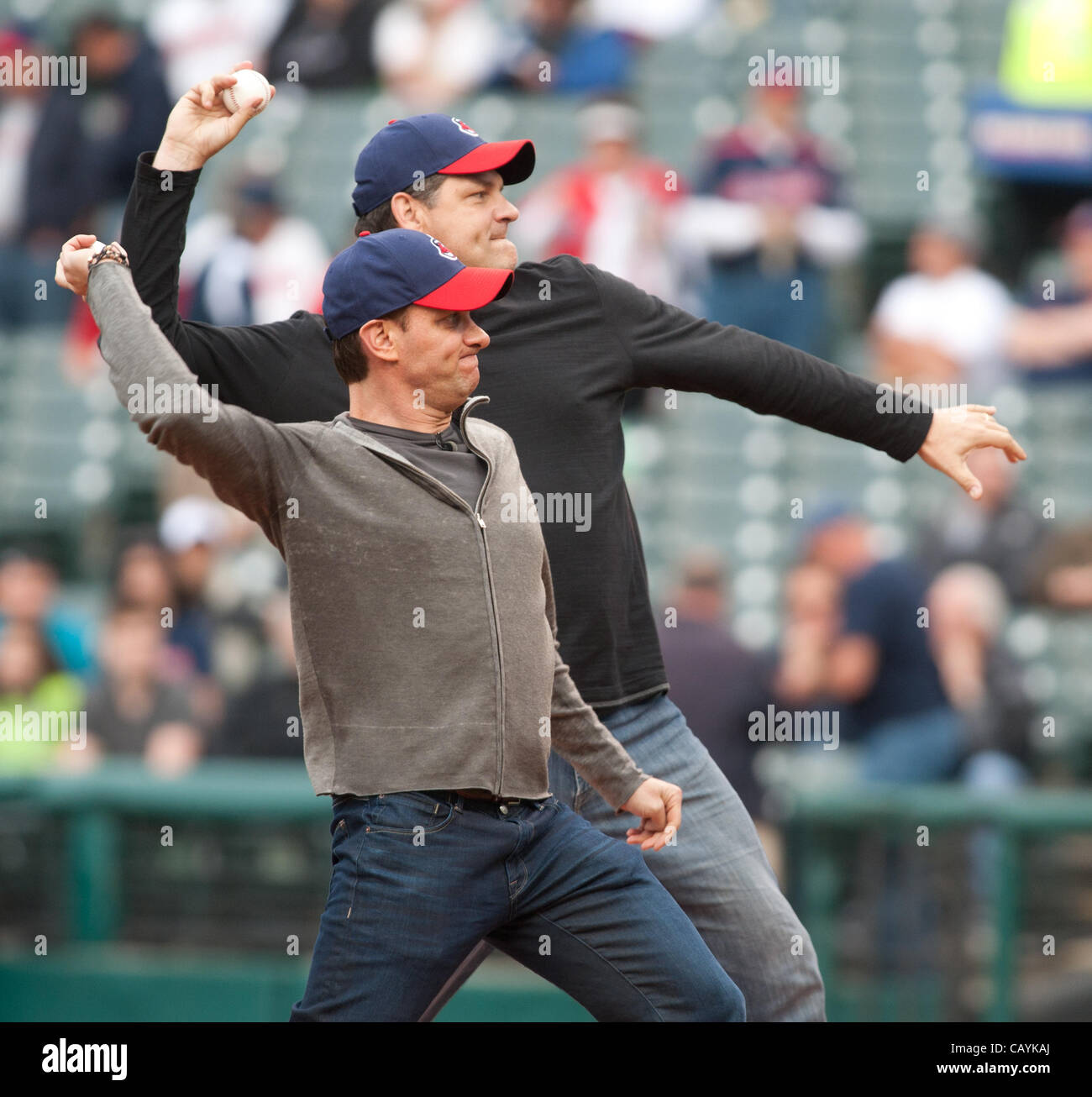CLEVELAND, OH USA - MAY 8:  ESPN's Mike Greenberg and Mike Golic throw out the first pitches at Progressive Field in Cleveland, OH, USA on Tuesday, May 8, 2012. Stock Photo