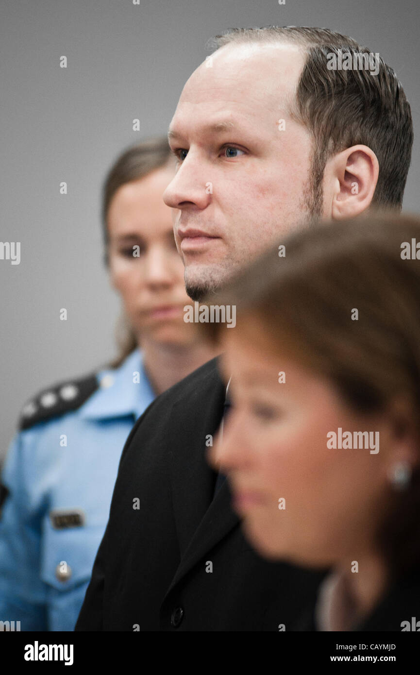 Oslo, Norway. 10/05/2012. Anders Behring Breivik appears in court during his trial in Oslo courthouse. Stock Photo