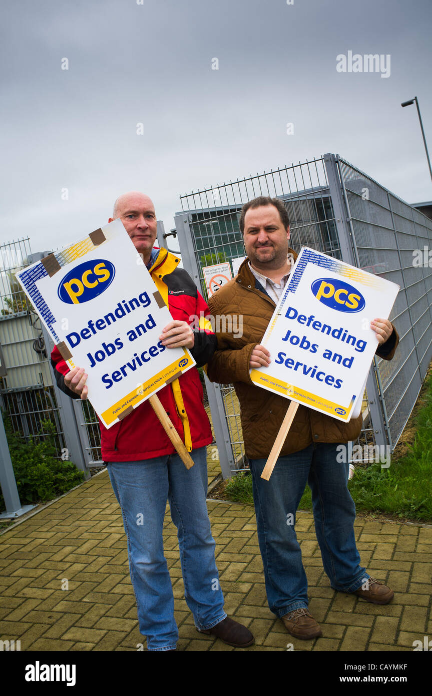 May 10 2012, Aberystwyth Wales UK: Striking Public and Commercial Services Union(PCS) members picketing outside the offices of the Wales Asembly Government as part of a UK wide day of action. It is estimated that more than 90% of their members came out on strike in defence of their pensions Stock Photo