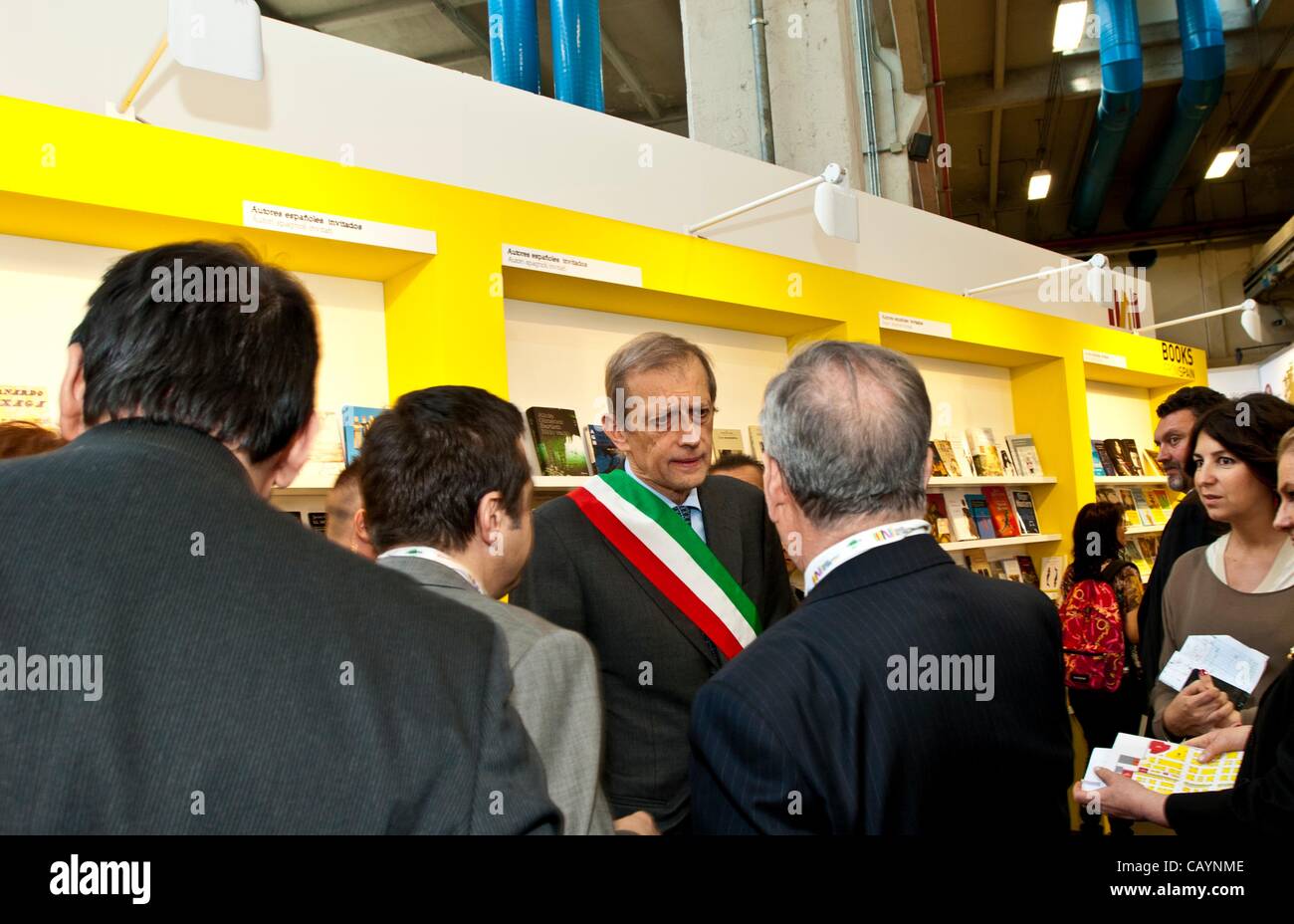 Italy Piedmont Turin  XXV International Book Fair of Turin in 2012 Thursday, May 10, 2012 The Mayor of the City of Turin Piero Fassino (In Centre) to visit the stand of Spain (host country together with Romania) Stock Photo