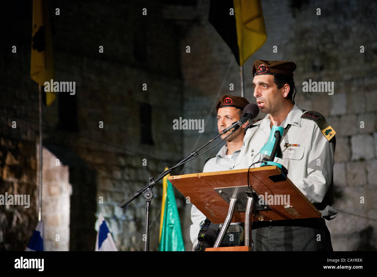 Golani Brigade Commander, Colonel Ofek Bukris, addresses recently drafted soldiers and their families at a ceremony at the Western Wall. Jerusalem, Israel. 10-May-2012. Stock Photo