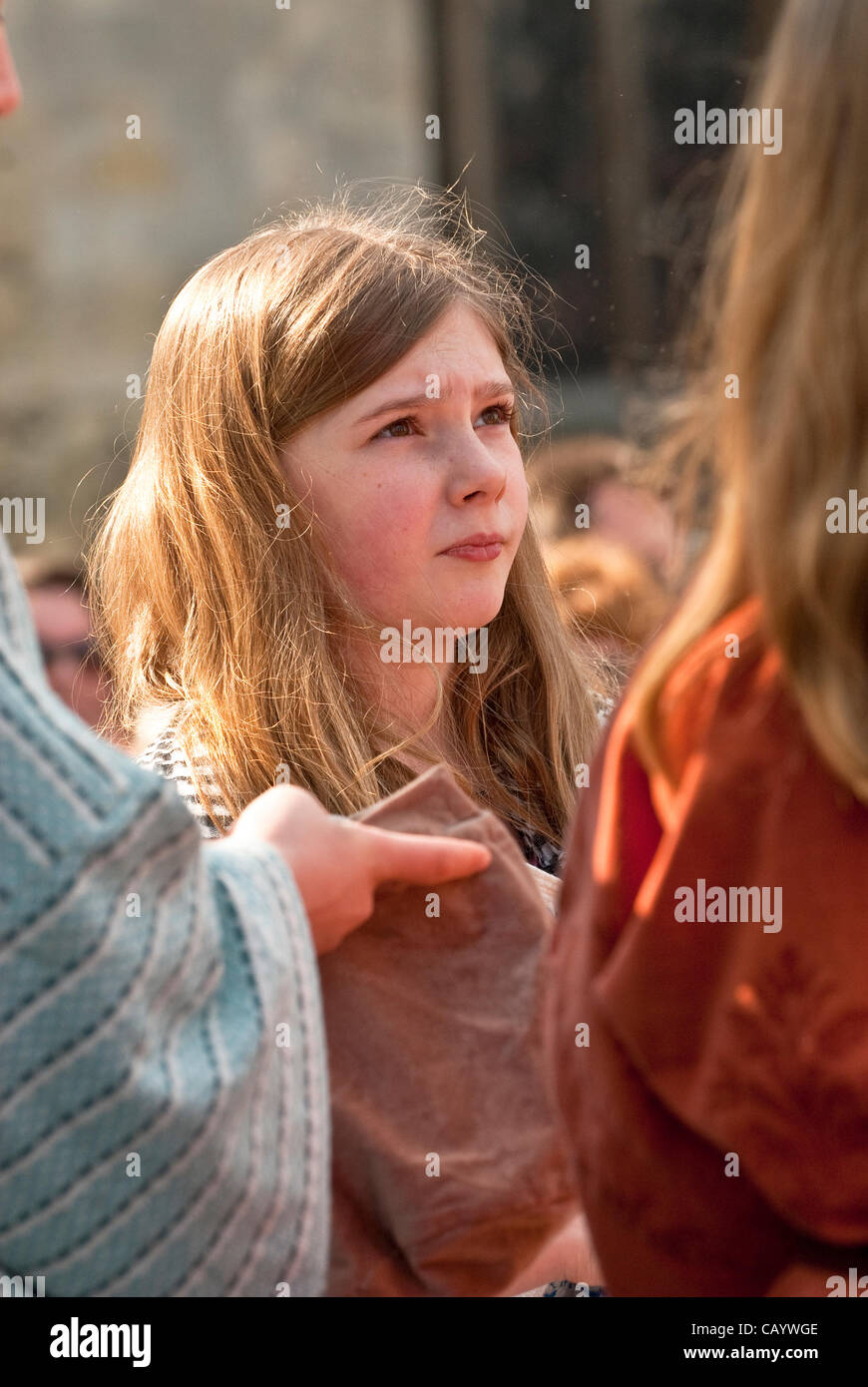 Actors performing on stage during the Good Friday Walk of Witness on Exeter Cathedral Green Stock Photo