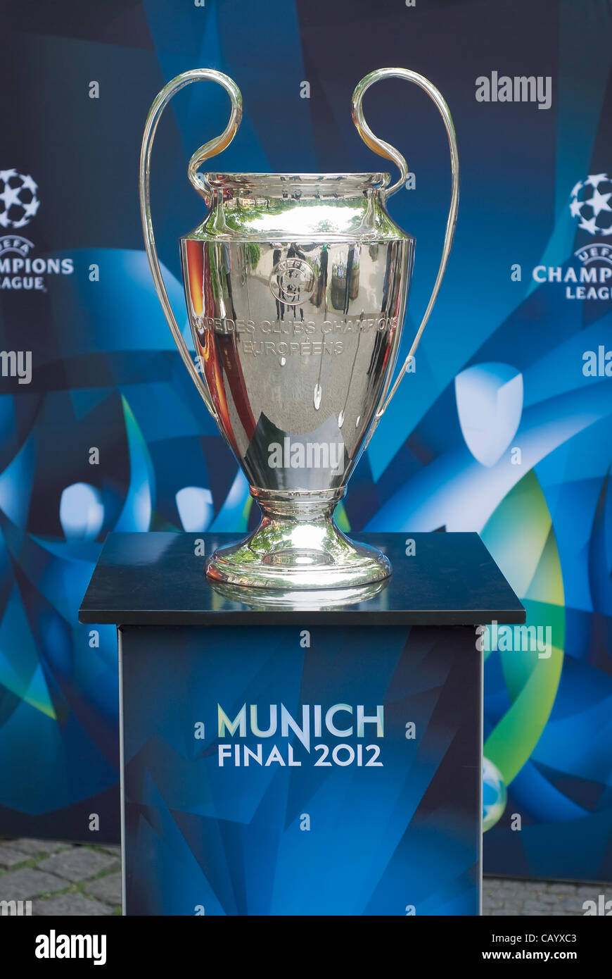 Munich, Germany – May 11 : UEFA Champions League Trophy on display for the May 19 Champions League Final May 11, 2012 in Munich. Stock Photo