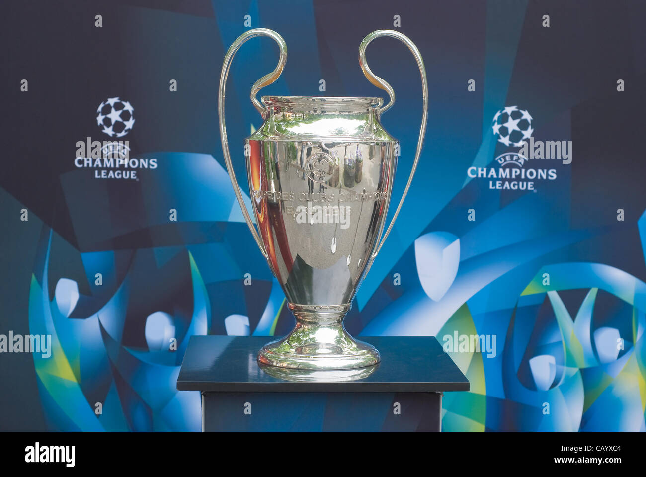 Munich, Germany – May 11 : UEFA Champions League Trophy on display for the May 19 Champions League Final May 11, 2012 in Munich. Stock Photo