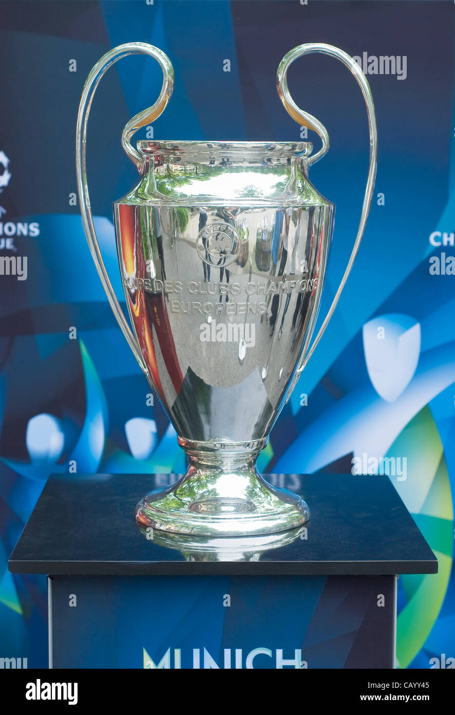 Munich, Germany – May 11 : UEFA Champions League Trophy on display for the May 19 Champions League Final May 11, 2012 in Munich. Stock Photo