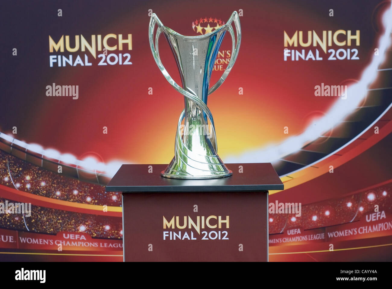 Munich, Germany – May 11 : UEFA Women's Champions League Trophy on display for the May 17 Champions League Final May 11, 2012 in Munich. Stock Photo