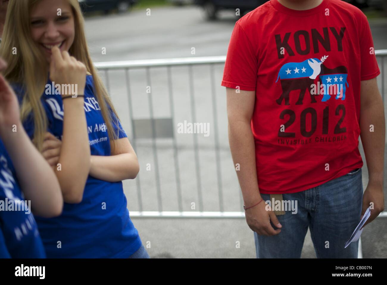 May 2, 2012 - Chantilly, Virginia, U.S - A supporter wears a KONY 2012 t- shirt, lining up for a rally with former Massachusetts Governor Mitt  Romney, a candidate for the Republican presidential