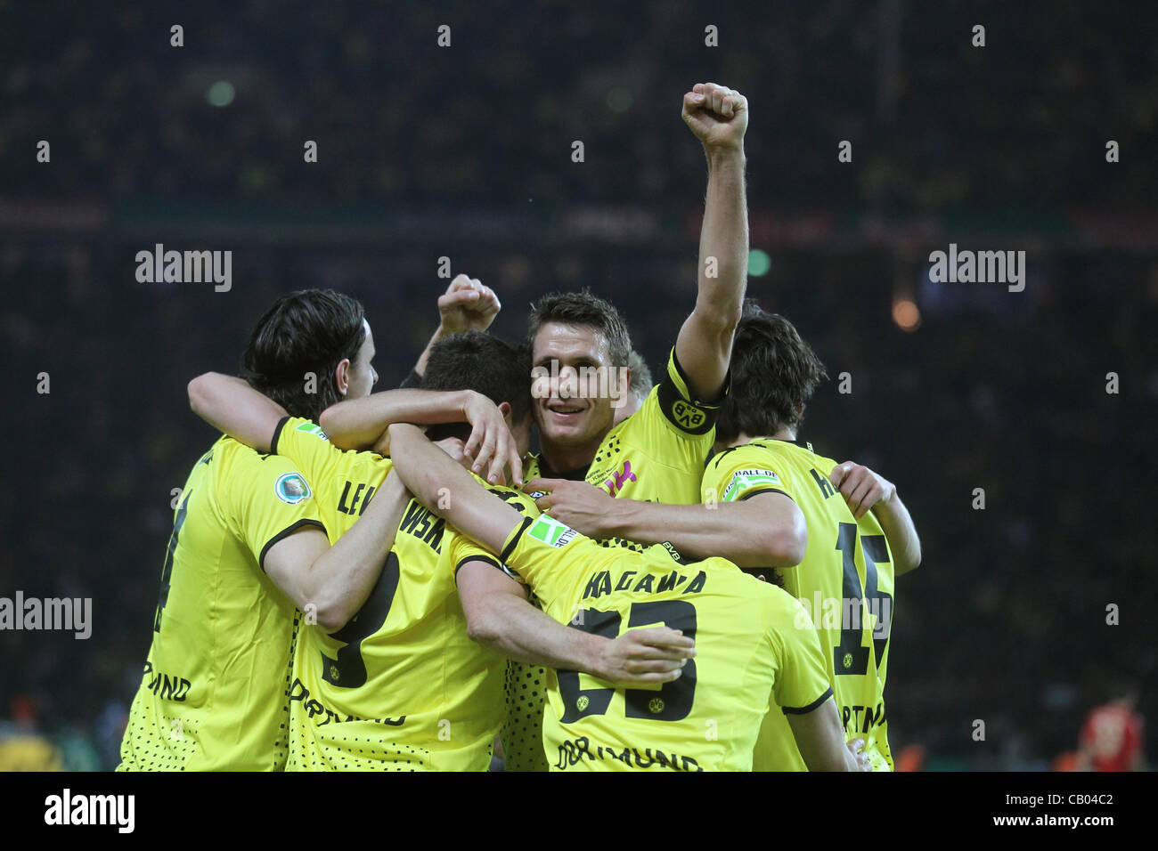 12.05.2012. Berlin Olympic Stadium, Germany.  Dortmund's Sebastian Kehl(facing) celebrates with his teammates during the German DFB Cup final soccer match between Borussia Dortmund and FC Bayern Munich at the Olympic Stadium in Berlin, Germany Stock Photo
