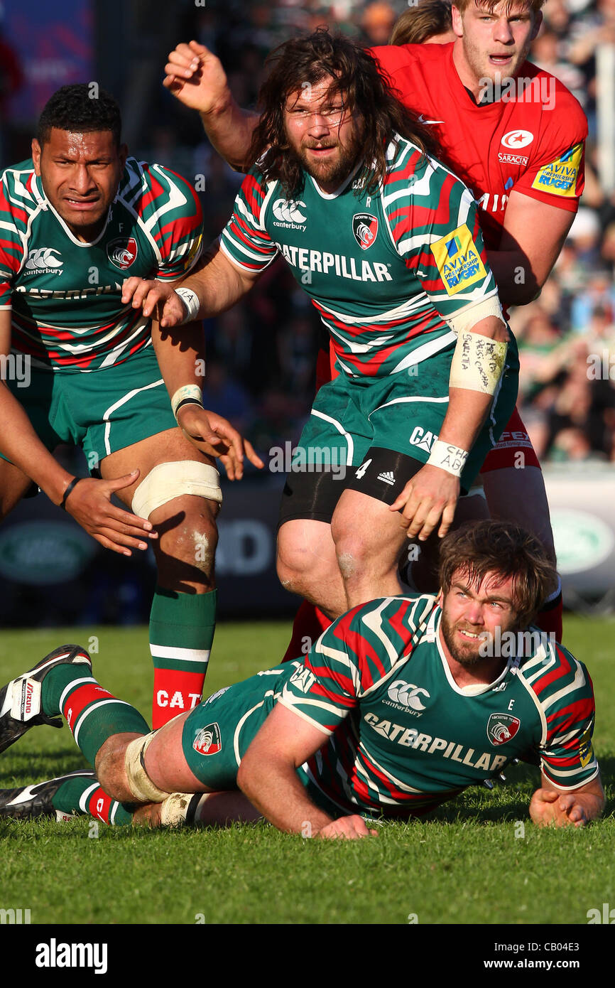 12.05.2012. Leicester, England. Rugby Union. Leicester Tigers v Saracens.  Tigers Trio of Martin Castrogiovanni, Steve Mafi and Geoff Parling in action during the Aviva Premiership semi final game played at Welford Road Stadium. Stock Photo