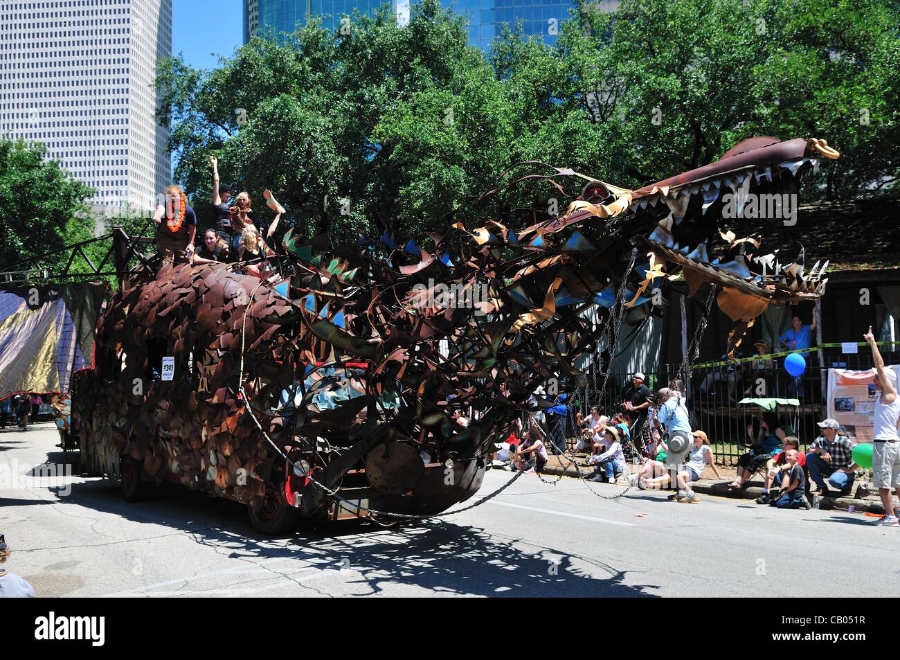 Annual Art Car Parade held in downtown Houston, Texas, USA, on May 12, 2012. Rusty steel dragon. Stock Photo