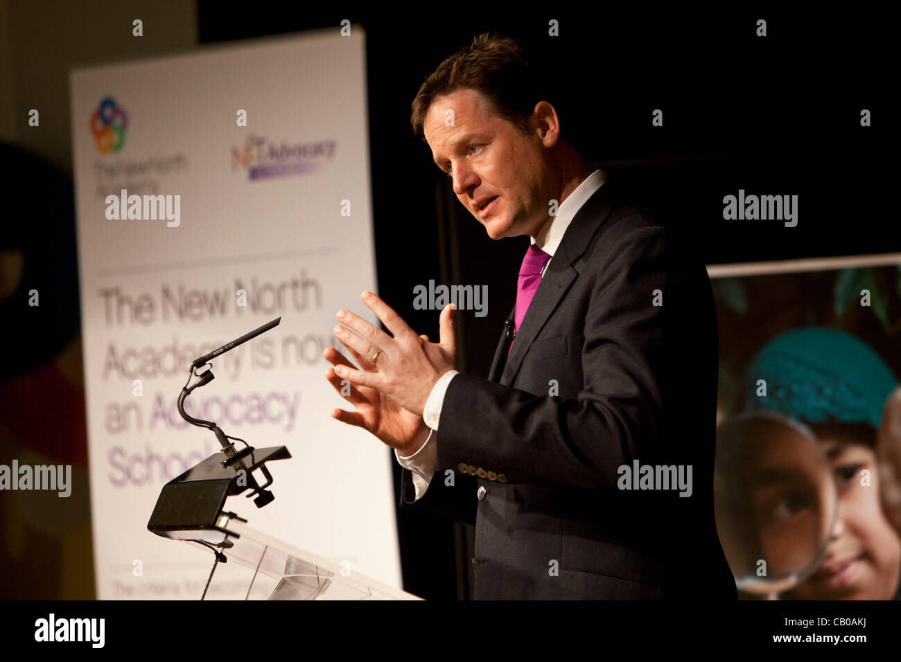 UK, LONDON- May 14,2012:Nick Clegg, British Deputy Prime Minister visits the New North Academy, a primary school in Islington, London. He gave a speech on 'pupil premium' & met pupils. Pupil premium is a policy where schools will be asked to compete to find the best way of spending Government money. Stock Photo