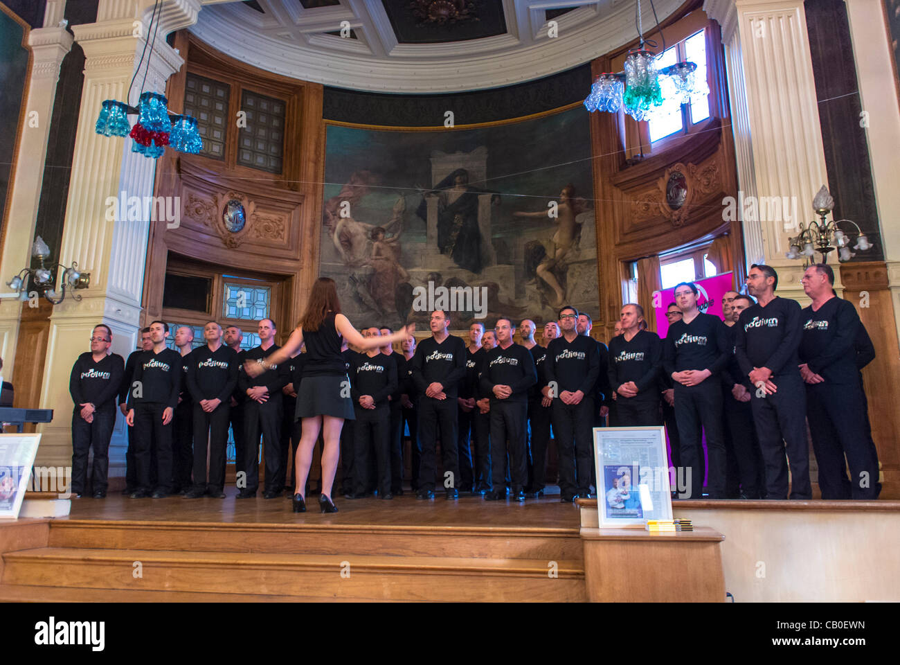 paris, France, Large Group People, French Gay Male Choir, Podium, Perfroming at , 'S.O.S. Homophobia', N.G.O. Presentation, make music together, on stage Spring Choral Stock Photo