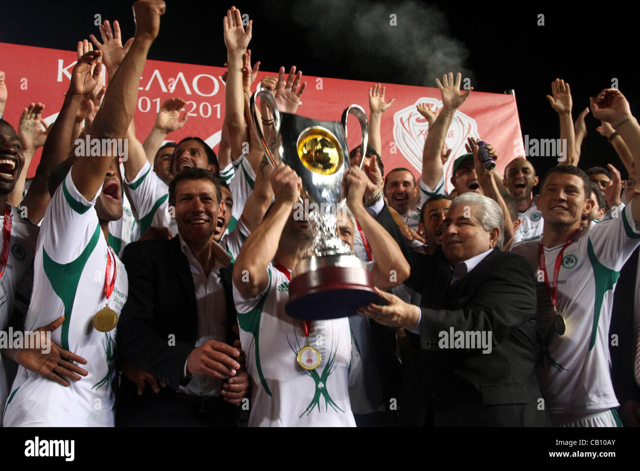 Omonoia players celebrate winning the Football Cup of Cyprus in Nicosia