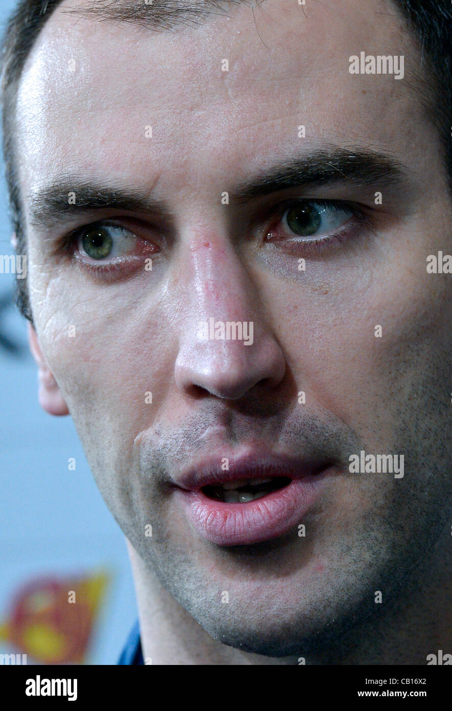 Slovak ice hockey team player Zdeno Chara speaks to journalists prior