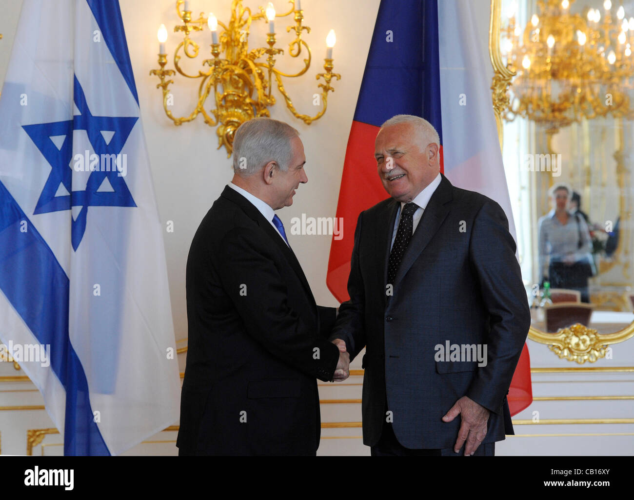 Israeli Prime Minister Benjamin Netanyahu, left, meets Czech President Vaclav Klaus, right, at Prague Castle Friday, May 18, 2012. Netanyahu and several ministers of his government are in Prague for a two-day visit. (CTK Photo/Michal Kamaryt) Stock Photo