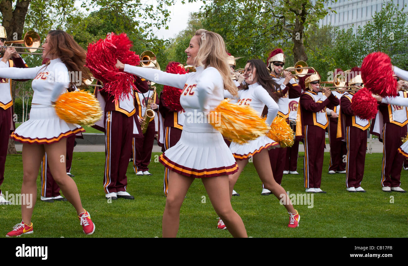 18 May 2012 London UK, The University of Southern California Trojans Marching Band show off their skills but fail to bring the s Stock Photo