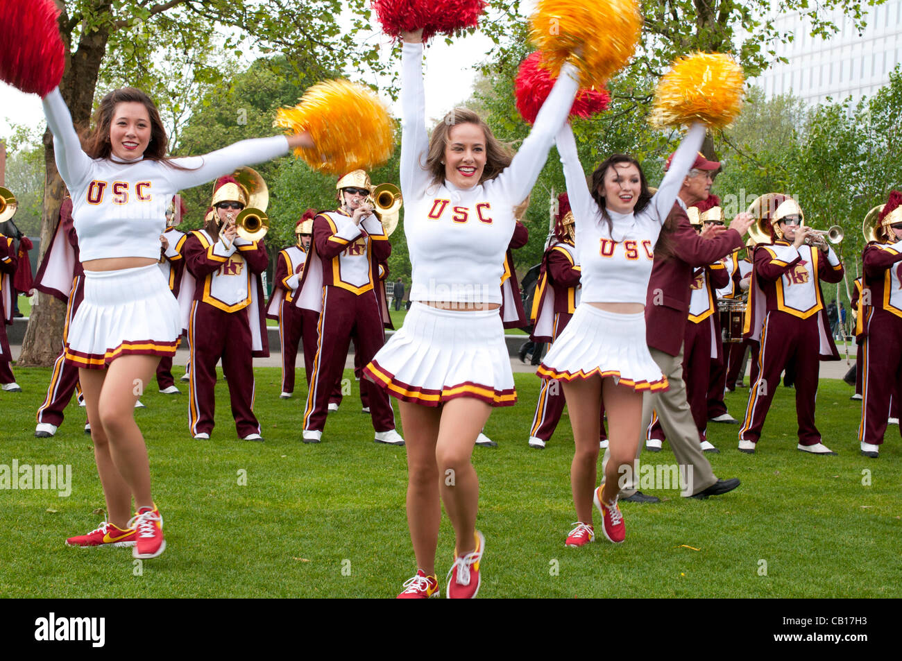 18 May 2012 London UK, The University of Southern California Trojans Marching Band show off their skills but fail to bring the s Stock Photo