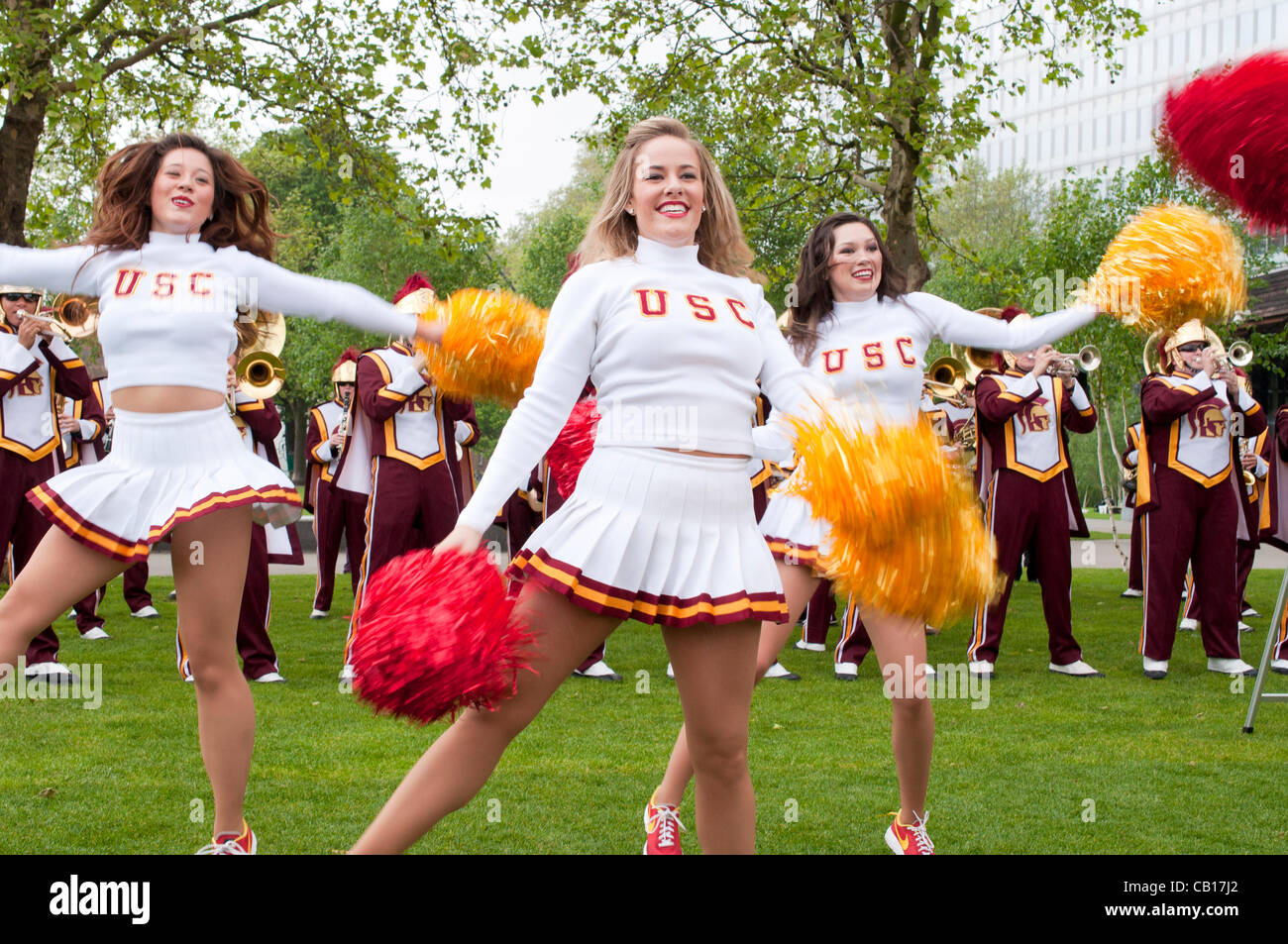 18 May 2012 London UK, The University of Southern California Trojans Marching Band show off their skills but fail to bring the s Stock Photo