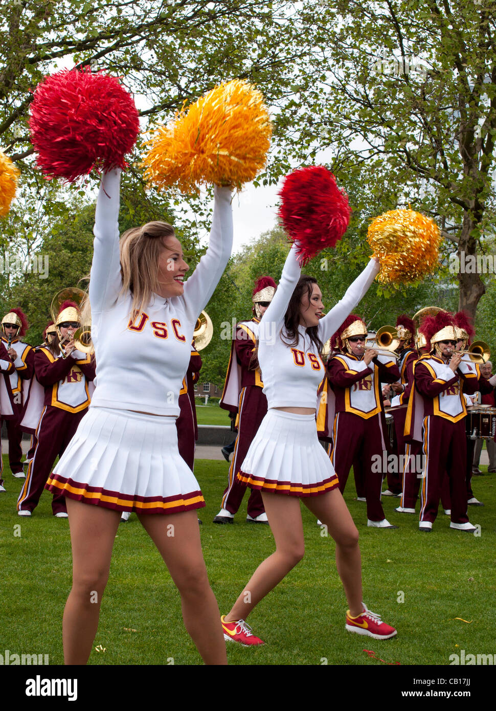 18 May 2012 London UK, The University of Southern California Trojans Marching Band show off their skills but fail to bring the s Stock Photo