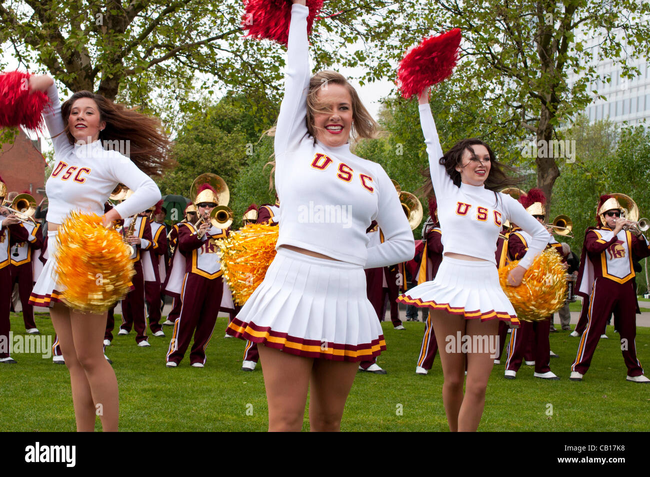 18 May 2012 London UK, The University of Southern California Trojans Marching Band show off their skills but fail to bring the s Stock Photo