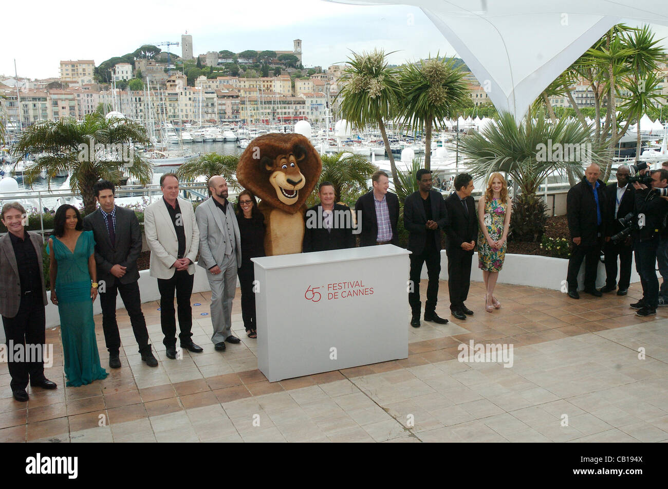 May 17, 2012 - Cannes, France - CANNES, FRANCE - MAY 18: Actors Martin Short, Jada Pinkett Smith, David Schwimmer, co-director Tom McGrath, co-director Conrad Vernon, producer Mireille Soria, co-director Eric Darnell, producer Mark Swift, actors Chris Rock, Ben Stiller and Jessica Chastain attend th Stock Photo