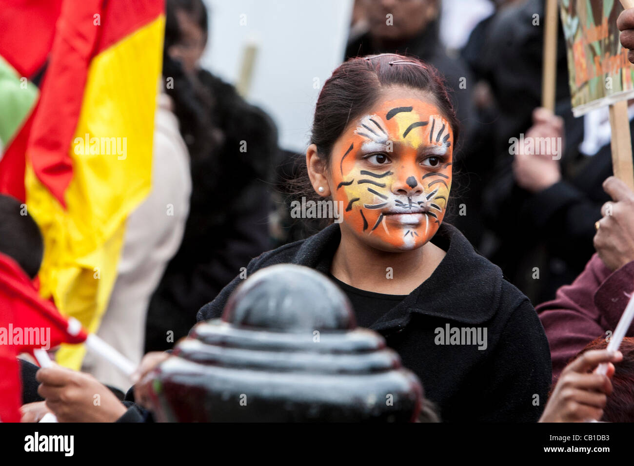 London, United Kingdom, 19/05/2012. Young Tamil girl with tiger face paint attending a rally where Tamils are demanding justice for the many people were killed in alleged war crimes during the civil war in 2009 Stock Photo