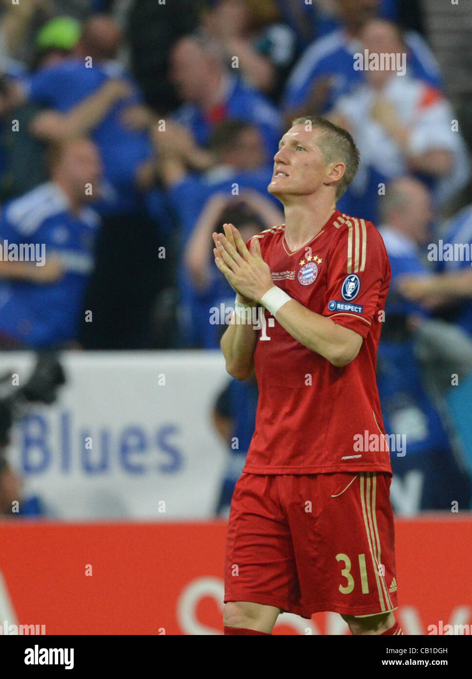 Munich's Bastian Schweinsteiger reacts during the UEFA Champions League soccer final between FC Bayern Munich and FC Chelsea at Fuߢall Arena M in Munich, Germany, 19 May 2012. Stock Photo