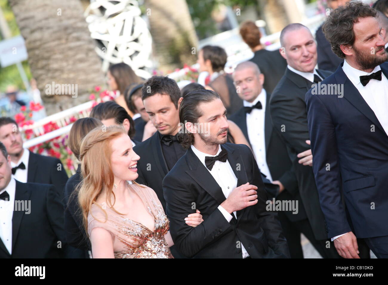 Jessica Chastain, Shia Labeouf, Jason Clarke, attend the gala screening of Lawless at the 65th Cannes Film Festival. The screenplay for the film Lawless was written by Nick Cave and Directed by John Hillcoat. Saturday 19th May 2012 in Cannes Film Festival, France. Stock Photo