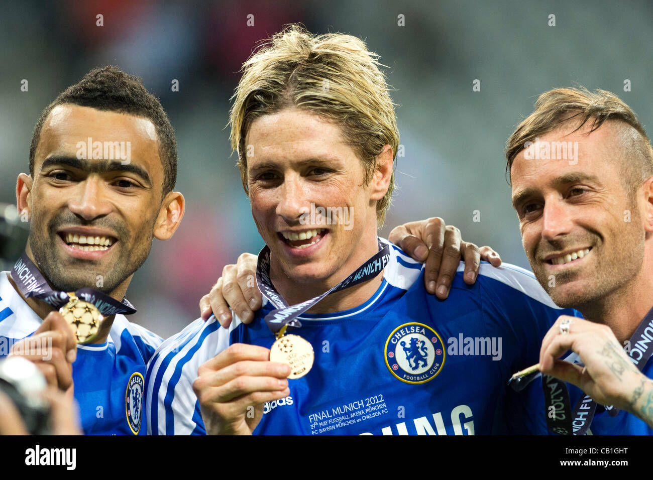 (L-R) Jose Bosingwa, Fernando Torres,  Raul Meireles (Chelsea),  MAY 19, 2012 - Football / Soccer :  Chelsea team group celebrates with medal  after winning the UEFA Champions League 2011-2012 Final match between Bayern Munich 1-1 (PK 3-4) Chelsea at Allianz Arena Stadium in Munchen, Germany. (Photo Stock Photo