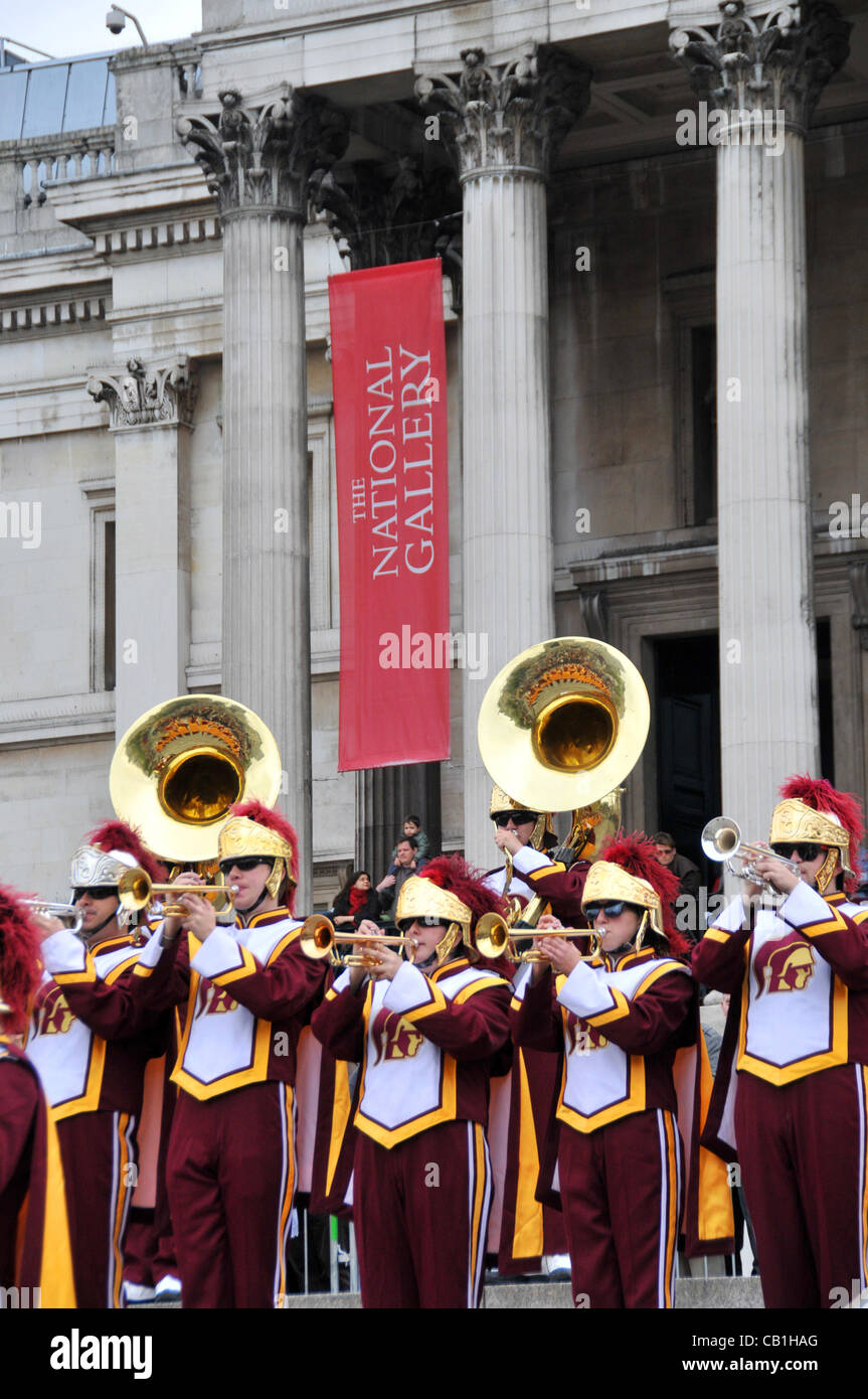 London, UK. 20/05/2012. University of Southern California (USC), Trojans Football Team Marching Band perform on the steps in front of the National Gallery. Stock Photo