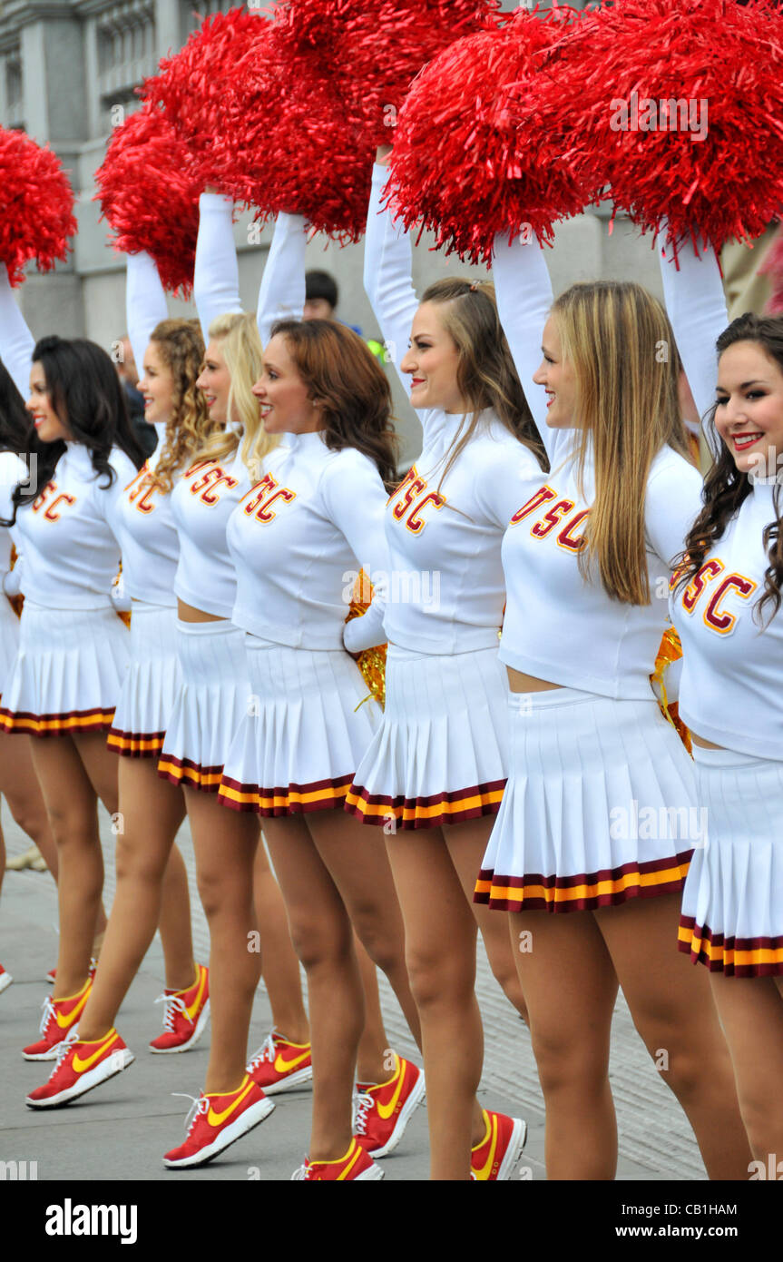 London, UK. 20/05/2012. Cheerleaders of the University of Southern California (USC), Trojans Football Team Marching Band perform in Trafalgar Square. Stock Photo