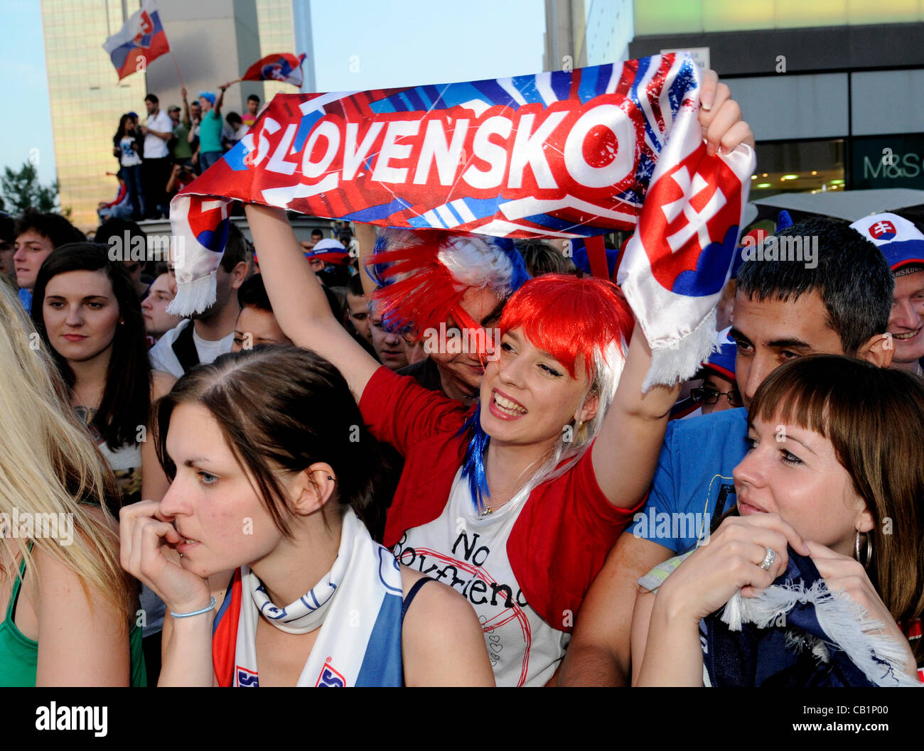 Slovak fans follow the final match Slovakia vs Russia, IIHF Ice Hockey  World Championship 2012, on the big TV screen in Bratislava, Slovakia, on  Sunday, May 20, 2012. Russia beat Slovakia 6-2