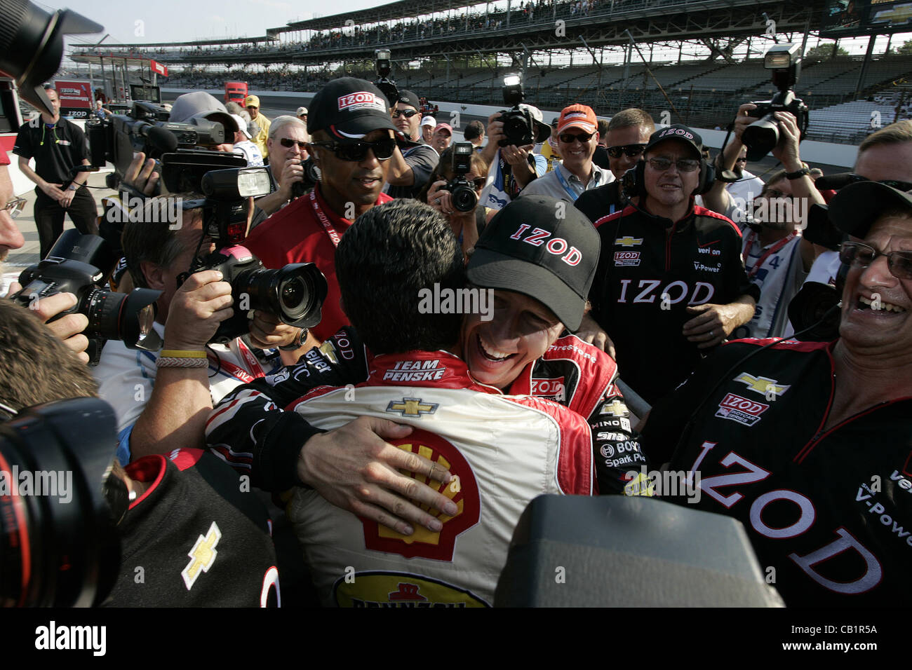 May 19, 2012 - Indianapolis, Indiana, U.S - IZOD Indycar Series, Indy 500, Indianapolis, IN, Qualifying, Practice, May 18-27 2012, RYAN BRISCOE IZOD Team Penske Chevrolet, Pole Winner, Celebration, HELIO CASTRONEVES Shell V-Power/Pennzoil Ultra Team Penske Chevrolet  (Credit Image: © Ron Bijlsma/ZUM Stock Photo