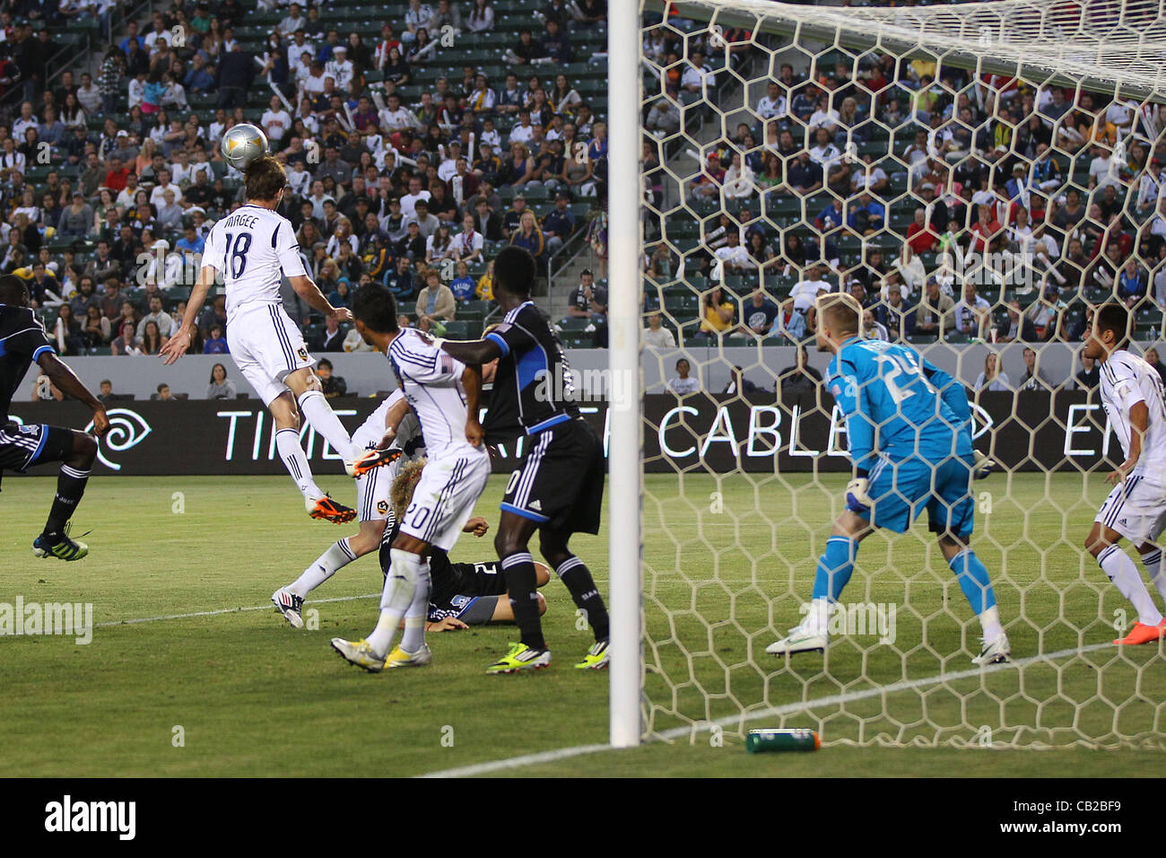 May 23, 2012 - Carson, California, United States of America - Mike Magee (18) of Los Angeles Galaxy deflects the ball from the goal in the first half during the Los Angeles Galaxy vs San Jose Earthquakes game at the Home Depot Center. The Galaxy lead 1-0 at halftime. (Credit Image: © Joe Scarnici/ZU Stock Photo