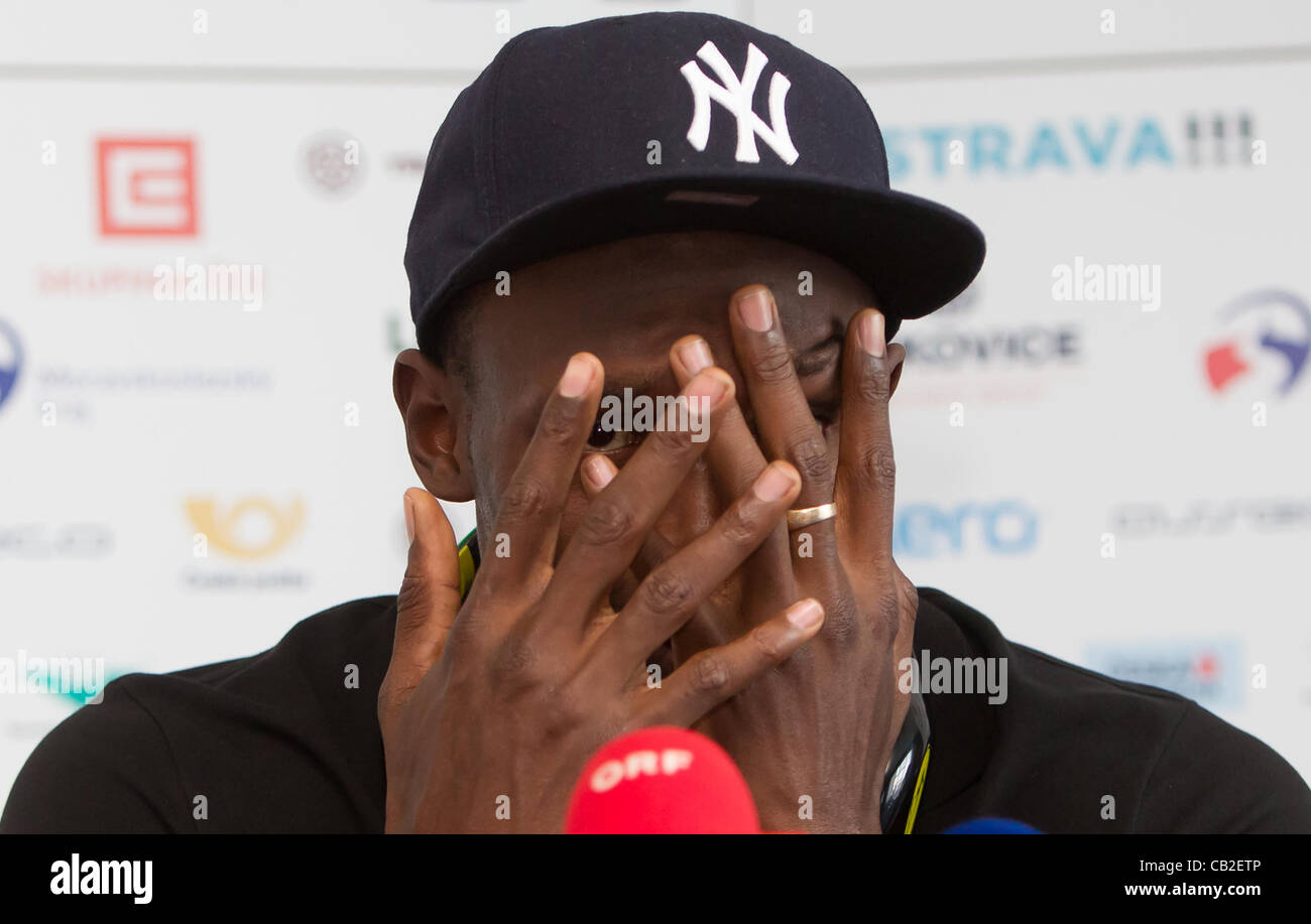 Jamaican sprinter Usain Bolt gestures during press conference ahead of ...