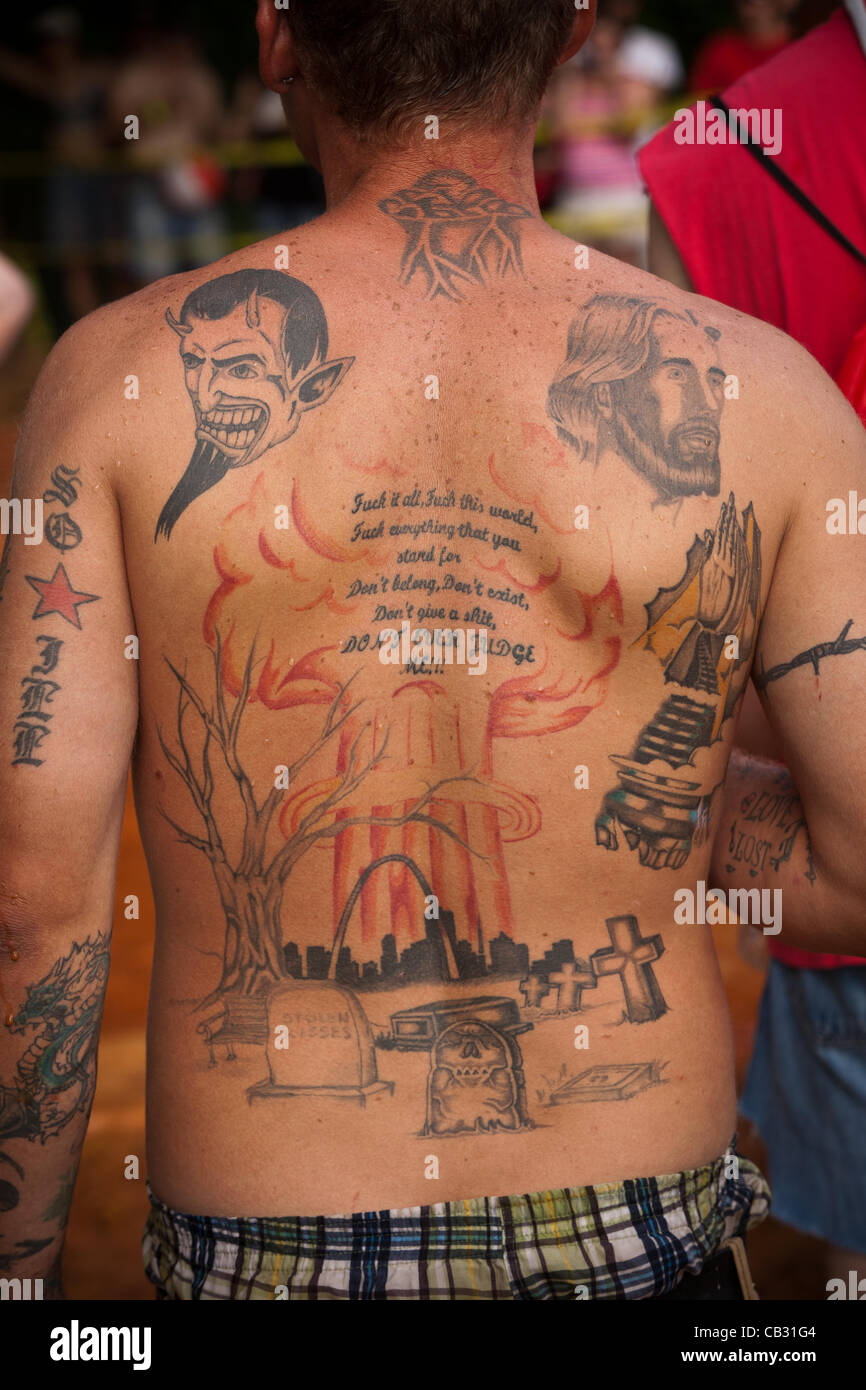 A attendee at the Red Neck Summer Games with back tattoos on May 26, 2012 in East Dublin, Georgia. Stock Photo