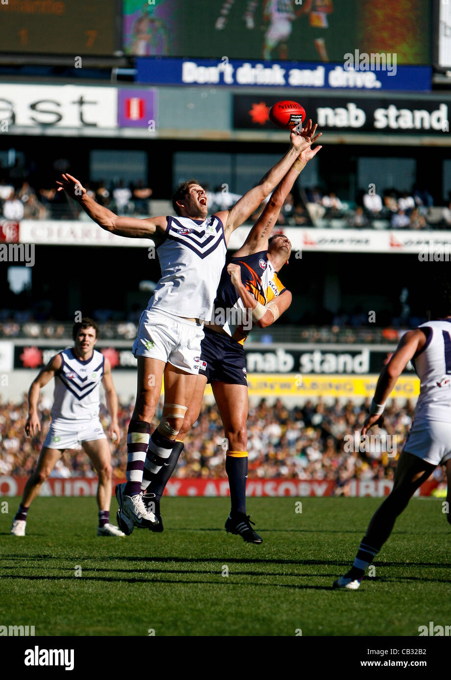 27.05.2012 Subiaco, Australia. Fremantle v West Coast Eagles. Aaron Sandilands and Dean Cox contest a boundary throw in during the Round 9 game played at Patersons Stadium. Stock Photo