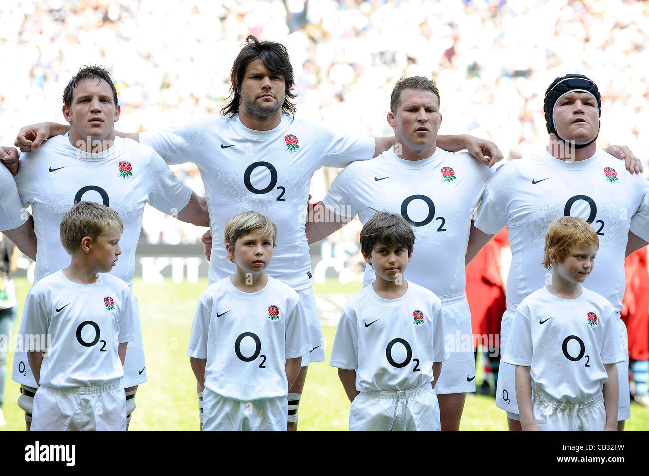 27.05.2012 Richmond, England. England players line up for the National Anthem before the The Killik Cup Rugby Union clash between England and the Barbarians invitational side at Twickenham Stadium. Stock Photo