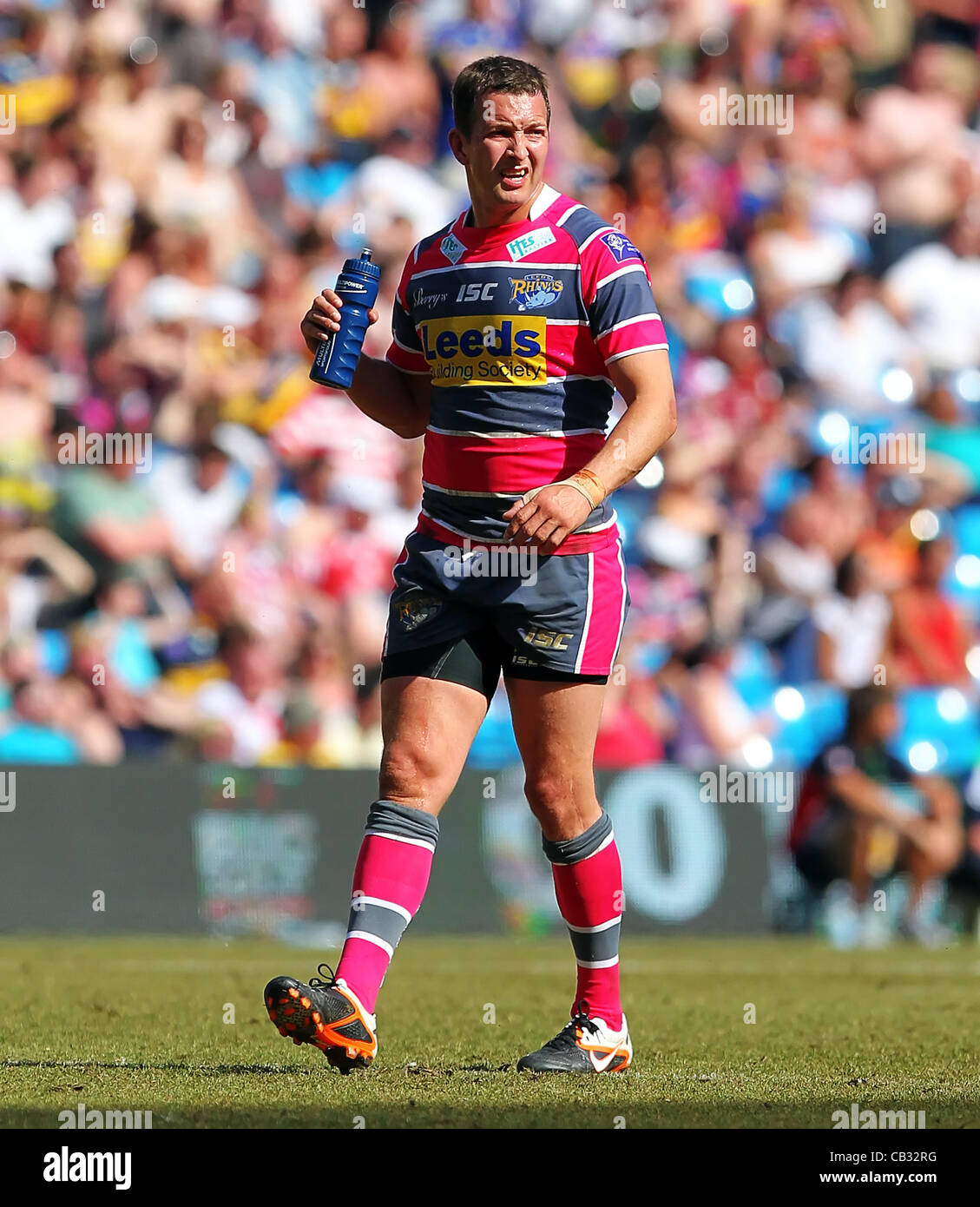 26.05.2012 Manchester, England. Bradford Bulls v Leeds Rhinos. Leeds Rhinos Stand Off Danny McGuire takes a water break from the action during the Stobart Super League Rugby Magic Weekend from the Etihad Stadium Stock Photo