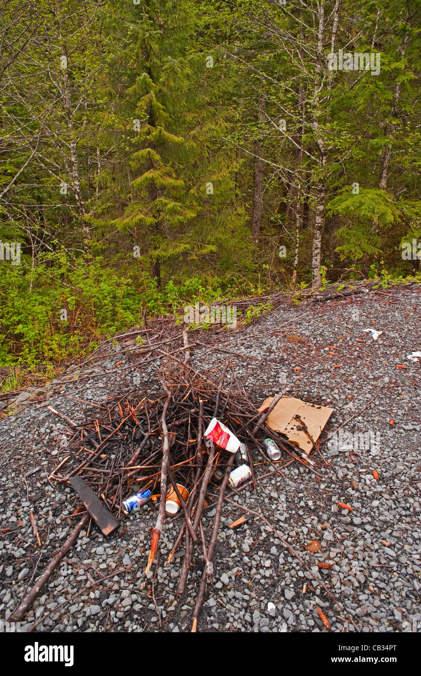 Sitka, Alaska 27 May 2012  Pile of litter left at edge of the newly reconstructed Harbor Mountain road in southeast Alaska's Tongass National Forest. Stock Photo