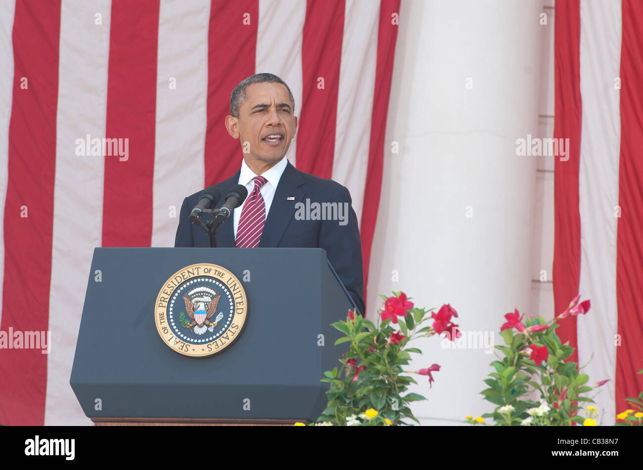 US President Barack Obama delivers remarks during Memorial Day services at Arlington National Cemetery May 28, 2012 in Arlington, VA Stock Photo