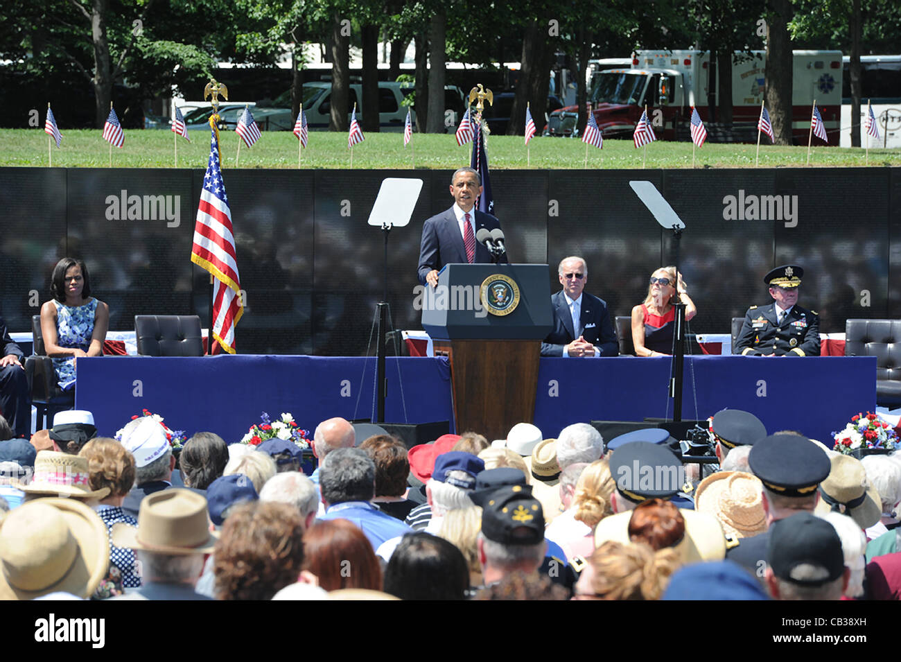 US President Barack Obama address a crowd during a ceremony commemorating the 50th anniversary of the Vietnam War at the Vietnam Veterans Memorial May 28, 2012 in Washington, DC. Stock Photo