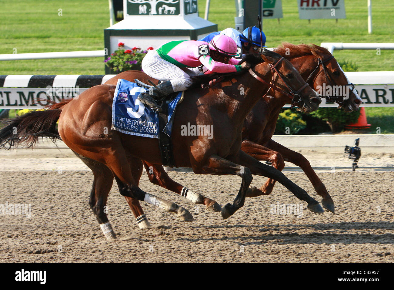 May 28, 2012 - Elmont, New York, U.S. - Shackleford & John Velazquez holds off Caleb's Posse to win the Grade I ''Win & You're In'' Metropolitan Mile Handicap for 3 year olds & up, going 1 mile at Belmont Park.  Trainer Dale Romans.  Owners Michael Lauffer & Wd Cubbedge (Credit Image: © Sue Kawczyns Stock Photo