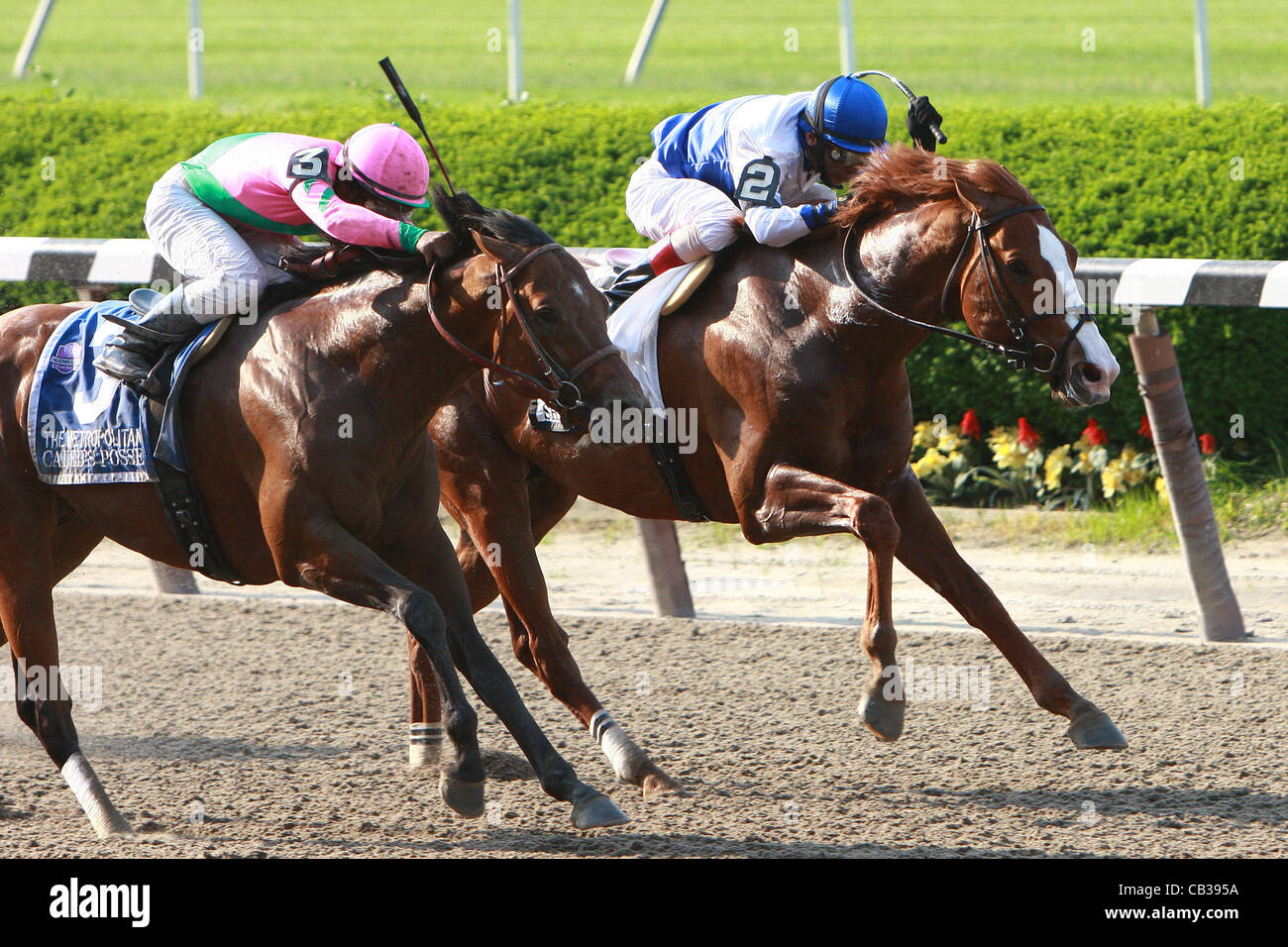 May 28, 2012 - Elmont, New York, U.S. - Shackleford & John Velazquez holds off Caleb's Posse to win the Grade I ''Win & You're In'' Metropolitan Mile Handicap for 3 year olds & up, going 1 mile at Belmont Park.  Trainer Dale Romans.  Owners Michael Lauffer & Wd Cubbedge (Credit Image: © Sue Kawczyns Stock Photo
