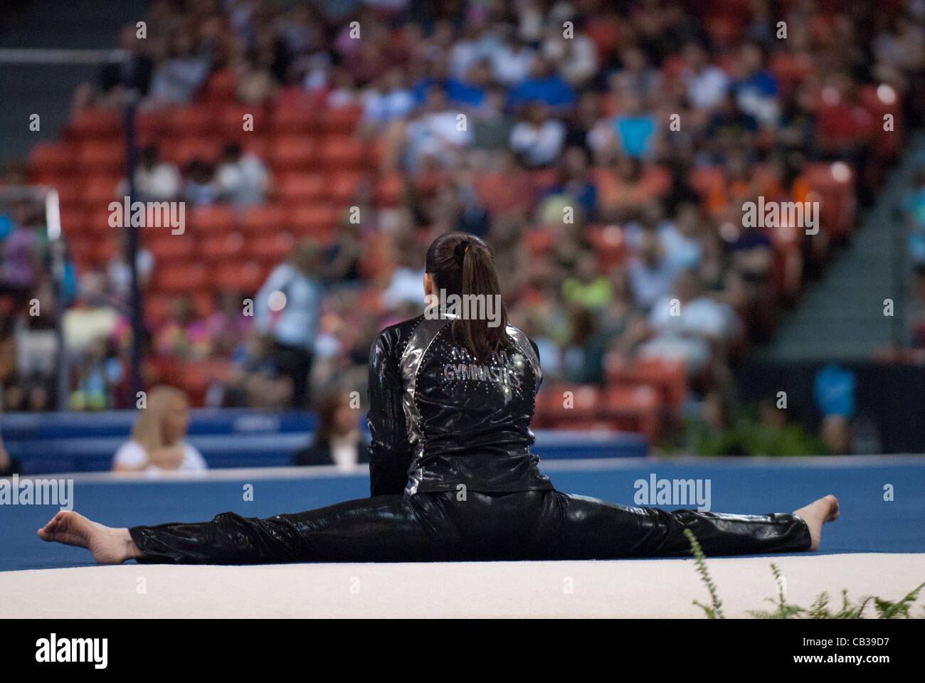 Chelsie Memmel of M&M Gymnastics relaxes in splits position on the